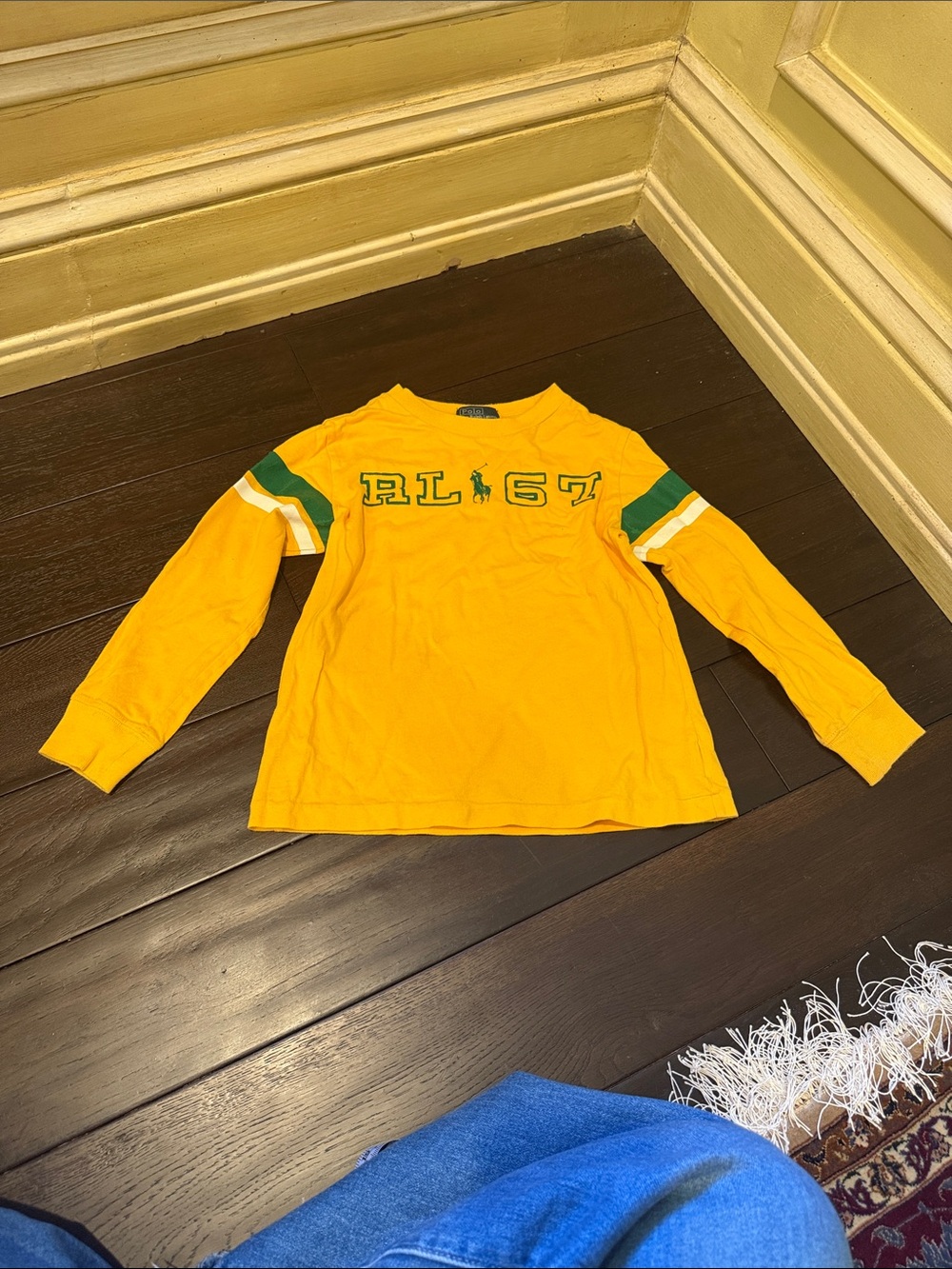 Ralph Lauren Yellow Long-Sleeve Tee with Green & White Sleeve Stripes